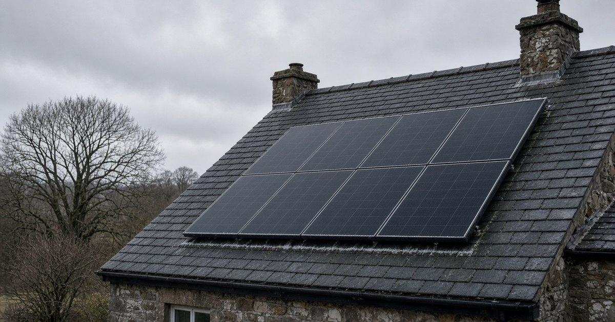 Solar panels on a Scottish roof on a grey winter day