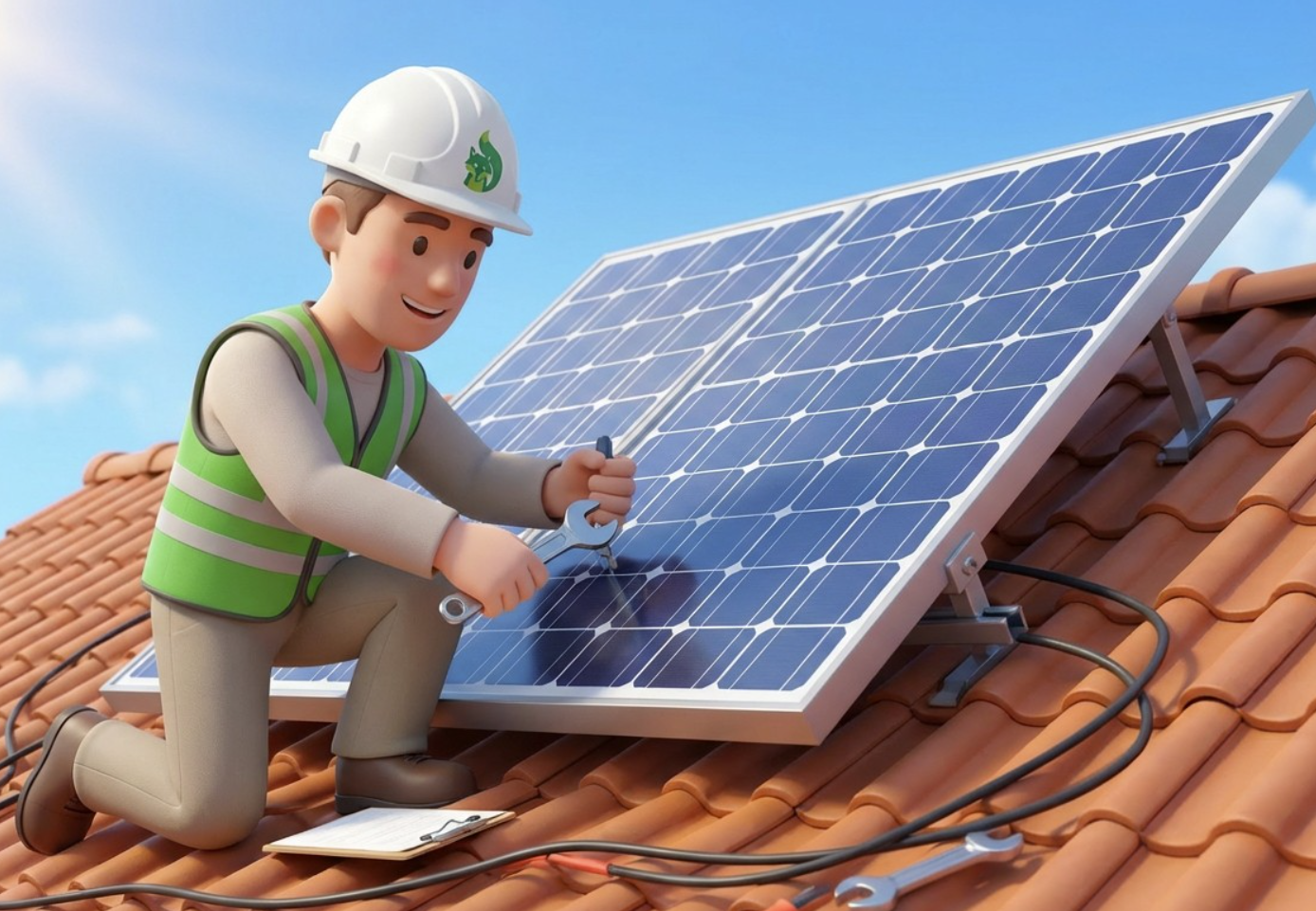 Technician inspecting rooftop solar panels on a home to diagnose a solar performance issue