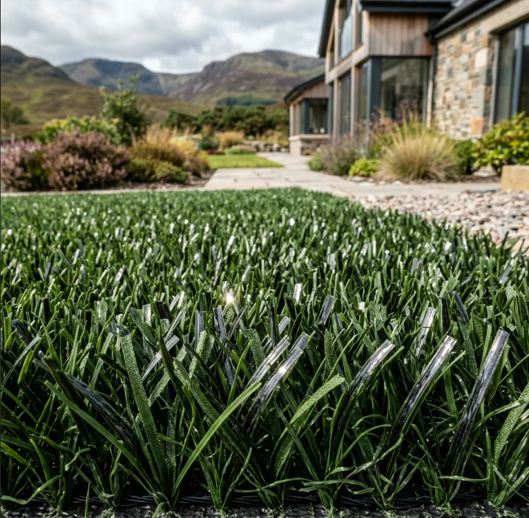 Modern garden with hyper-realistic artificial grass featuring subtle solar strip blades outside a contemporary home