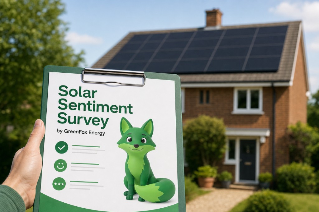 GreenFox Energy Solar Sentiment Survey clipboard in front of a home with rooftop solar panels