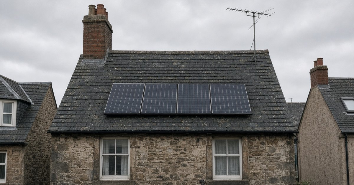 A modest row of solar panels on a Scottish semi-detached slate roof