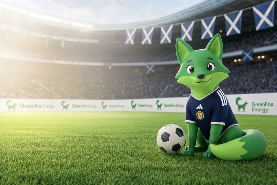 GreenFox fox in a Scotland football shirt beside a football in a GreenFox stadium