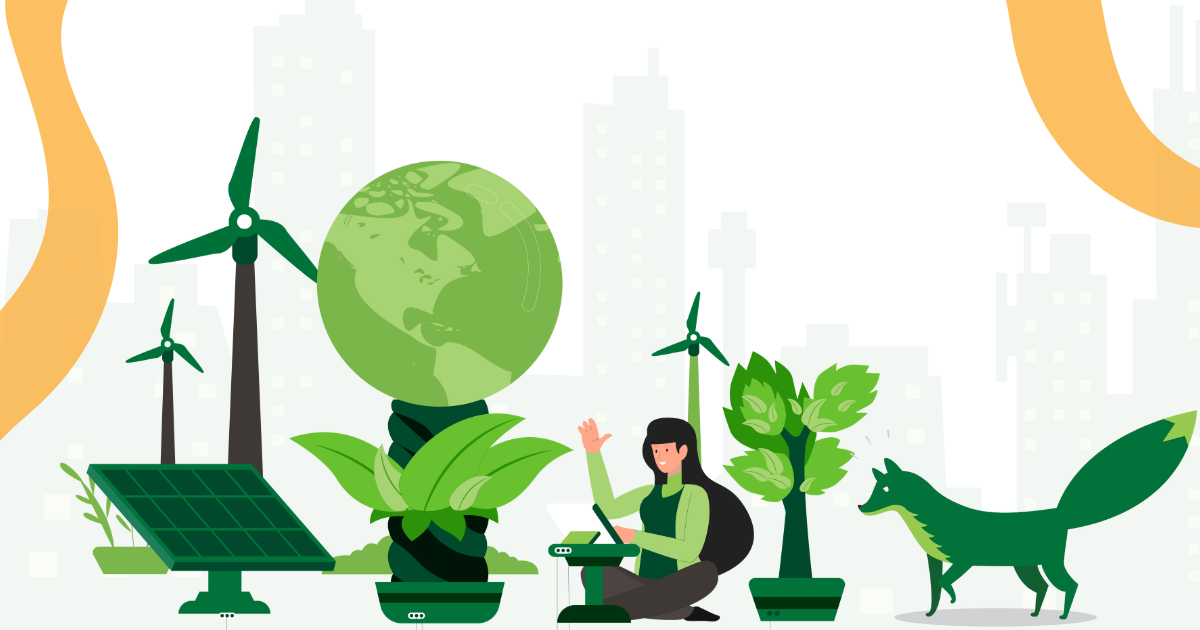 Illustration featuring a person working with renewable energy sources, including solar panels and wind turbines, with a globe surrounded by plants, symbolising the long-term financial and environmental benefits of installing solar batteries.