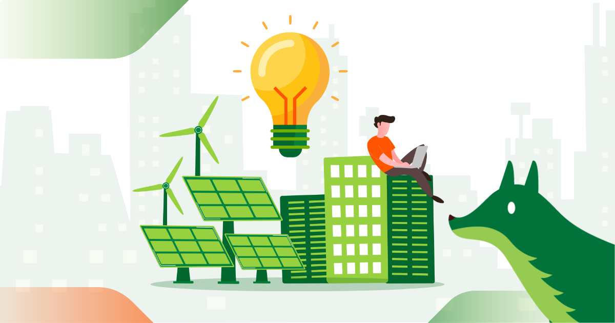 Illustration of solar panels, wind turbines, and a person working on a laptop with a light bulb overhead, symbolising key considerations when pricing solar panel installations, such as energy efficiency, installation costs, and potential long-term savings.