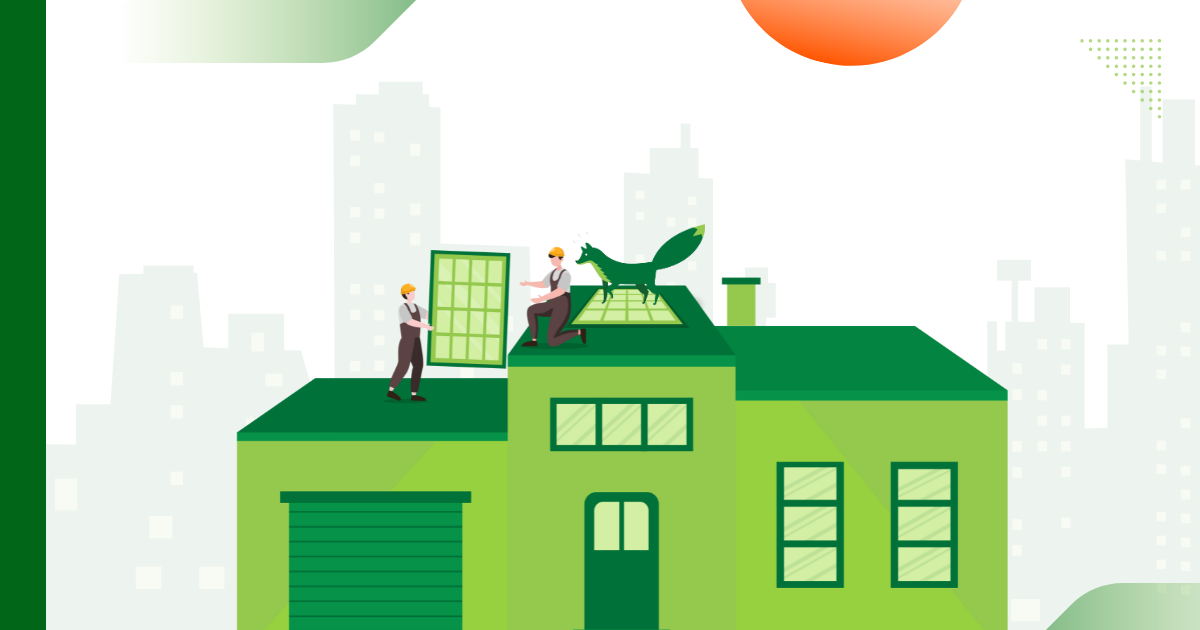 Illustration of two workers installing solar panels on a rooftop under a bright sun, symbolising the importance of choosing the optimal location for solar panel installation, such as roof orientation, angle, and sun exposure, to maximise energy efficiency.